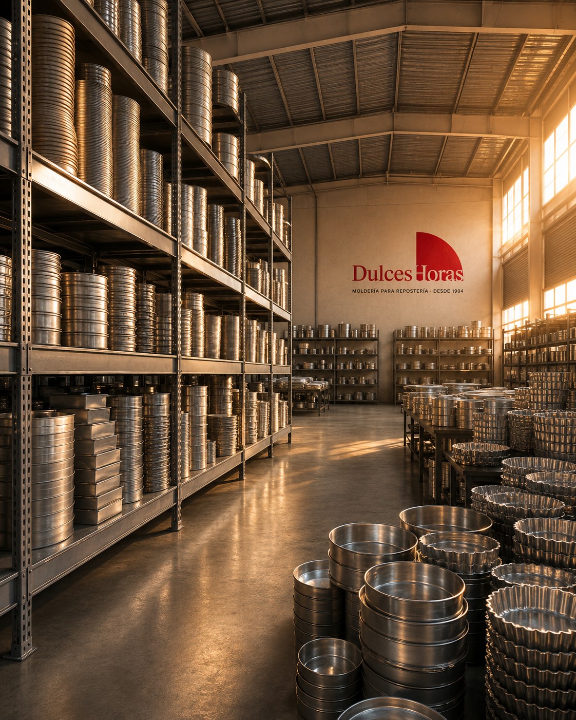 Vista del taller Dulces Horas: estanterías llenas de moldes de aluminio bañadas por luz natural cálida