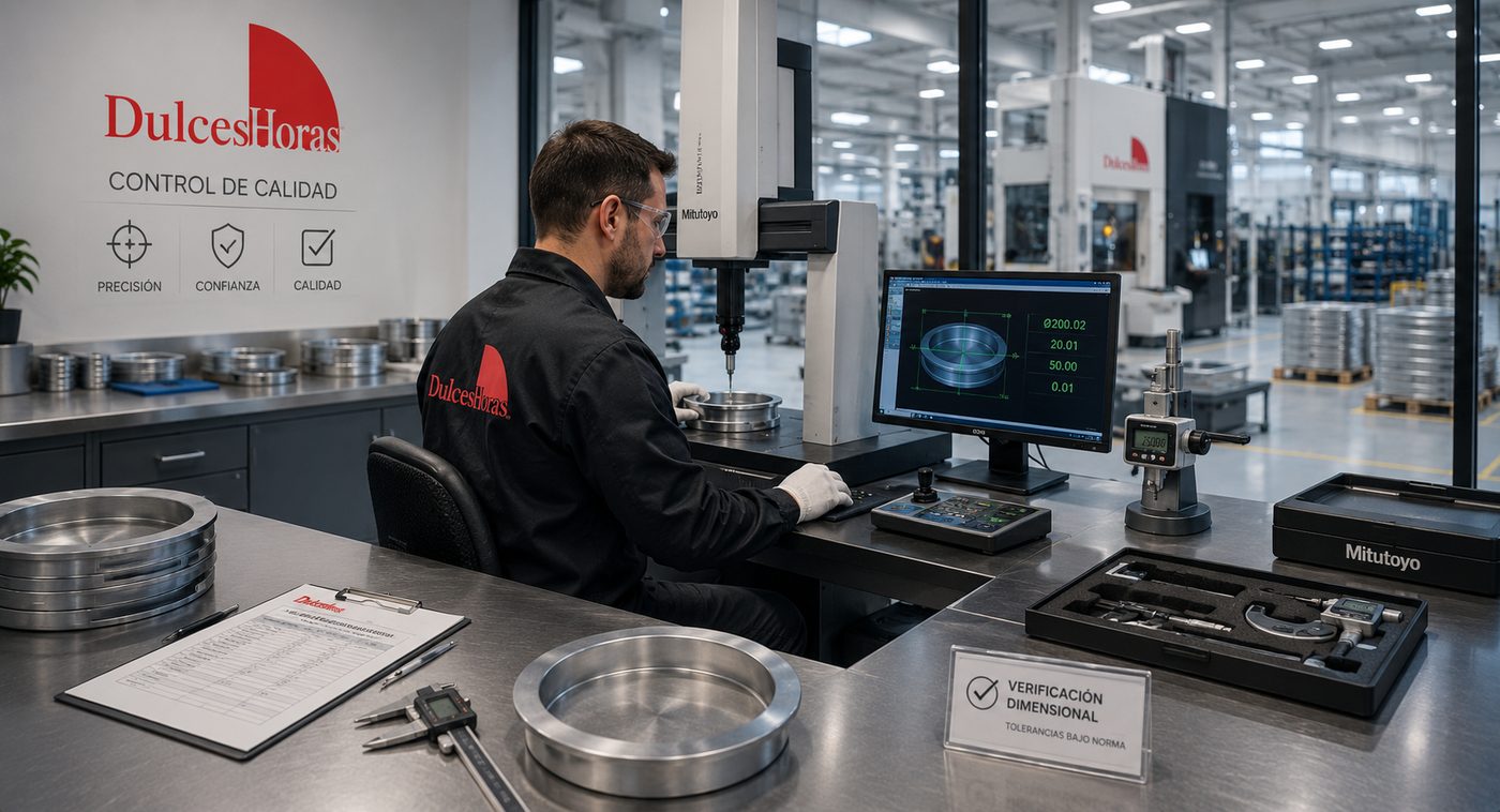 Operario Dulces Horas controlando un molde con máquina Mitutoyo de medición dimensional