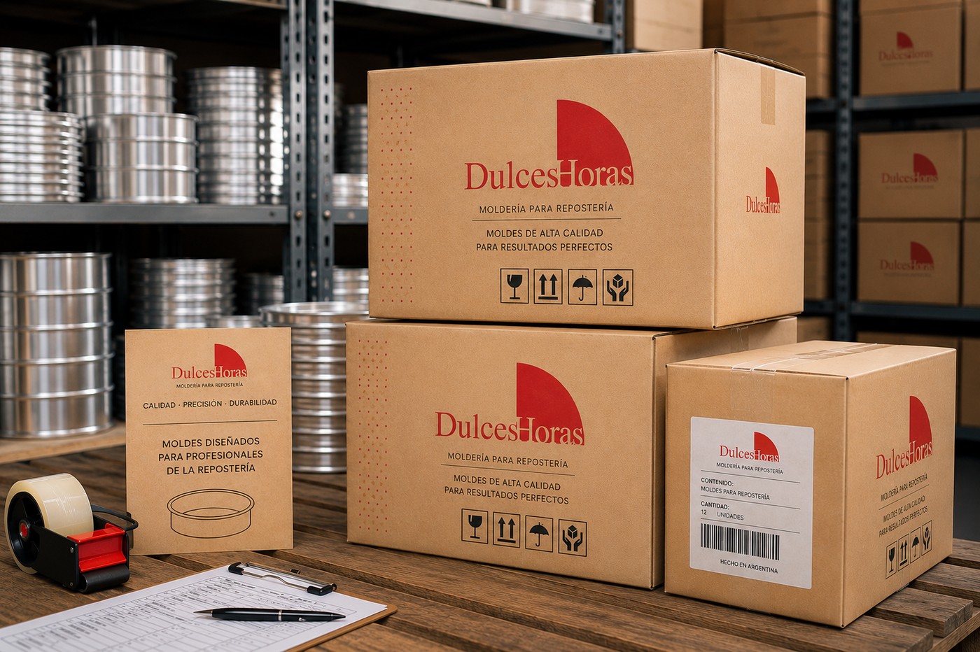 Cajas Dulces Horas con moldes embalados, listas para despacho, estantes de moldes al fondo