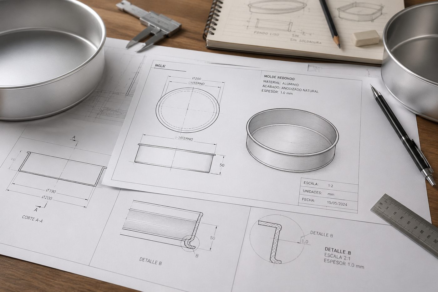 Mesa de dibujo con planos técnicos de molde, calibre, lápiz y moldes de aluminio